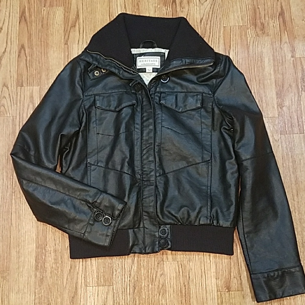 Heritage Faux Leather Black Bomber Jacket Large